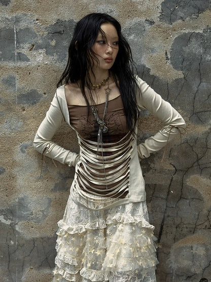 NO ROMANCE Soft Cotton Blend Long Sleeve Cross Print Fake Layered Drawstring Women T-Shirt