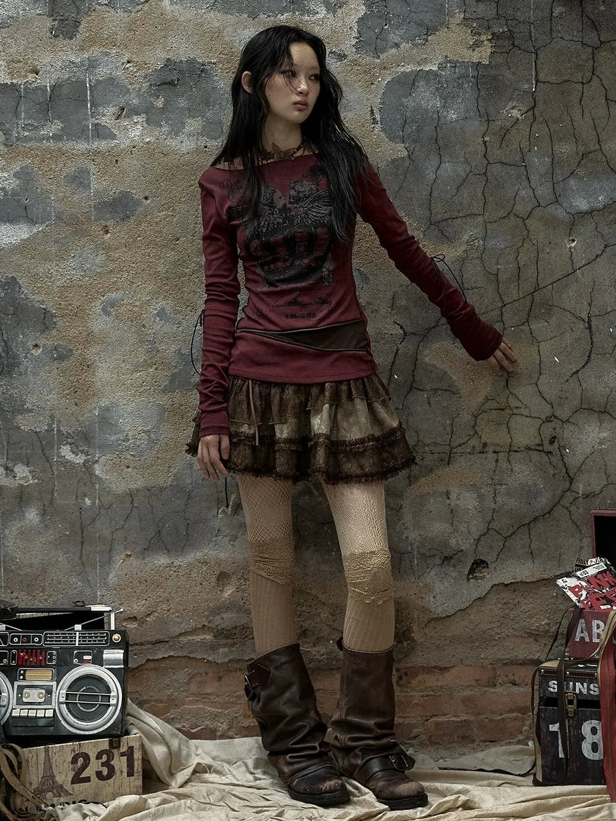 NO ROMANCE Soft Cotton Blend Long Sleeve Cross Print Fake Layered Drawstring Women T-Shirt