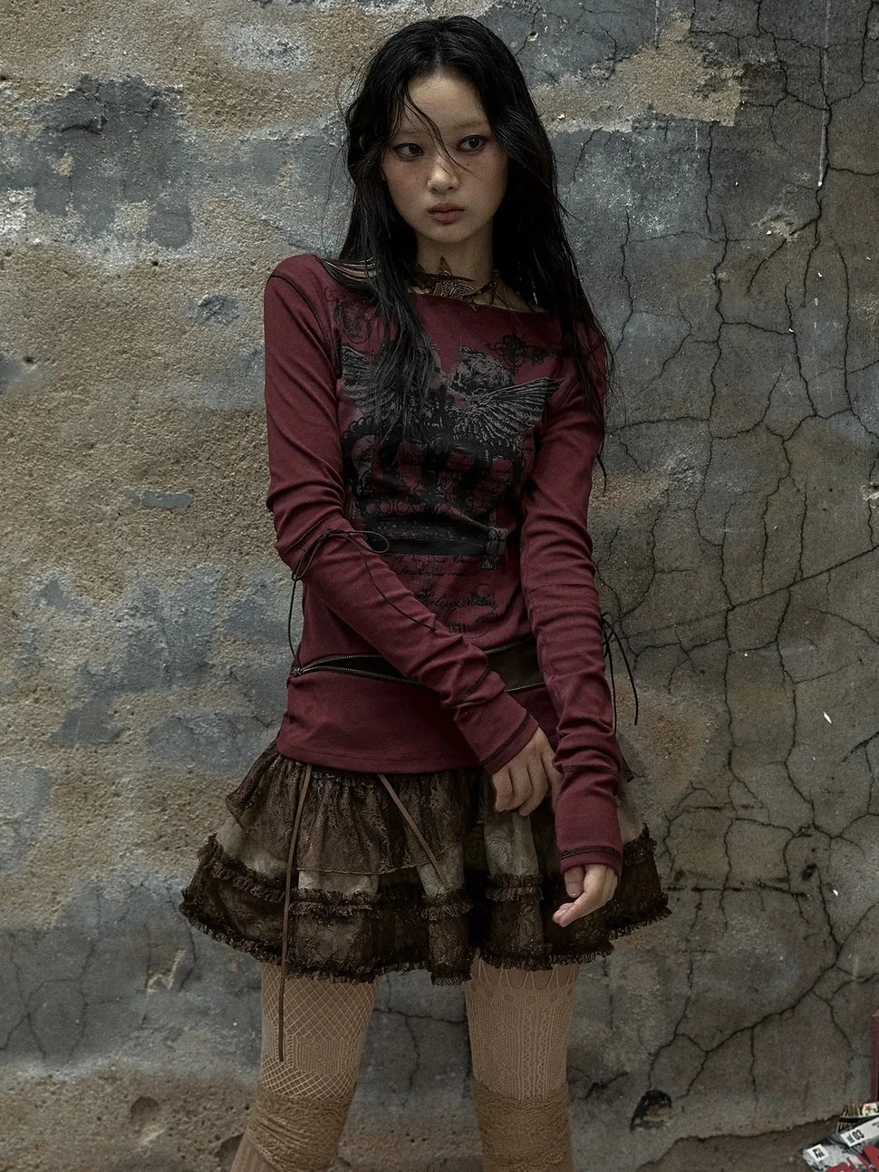 NO ROMANCE Soft Cotton Blend Long Sleeve Cross Print Fake Layered Drawstring Women T-Shirt