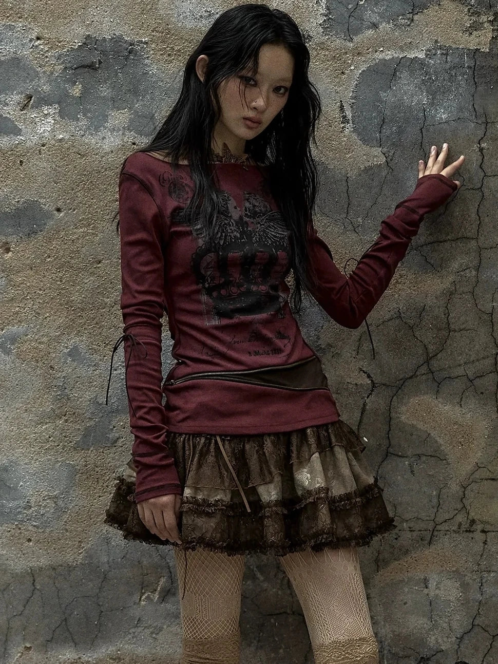 NO ROMANCE Soft Cotton Blend Long Sleeve Cross Print Fake Layered Drawstring Women T-Shirt