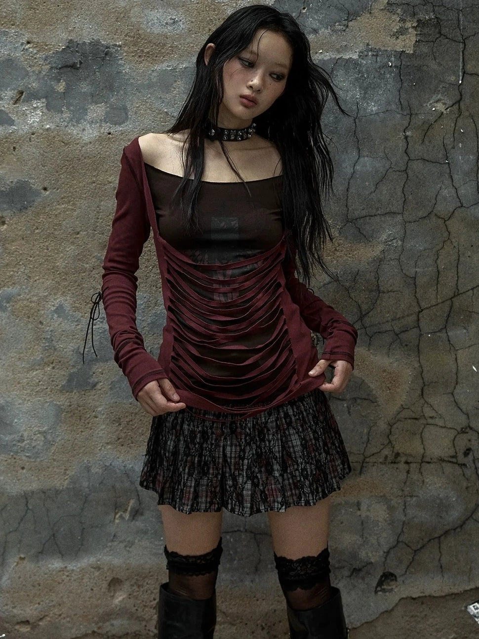 NO ROMANCE Soft Cotton Blend Long Sleeve Cross Print Fake Layered Drawstring Women T-Shirt