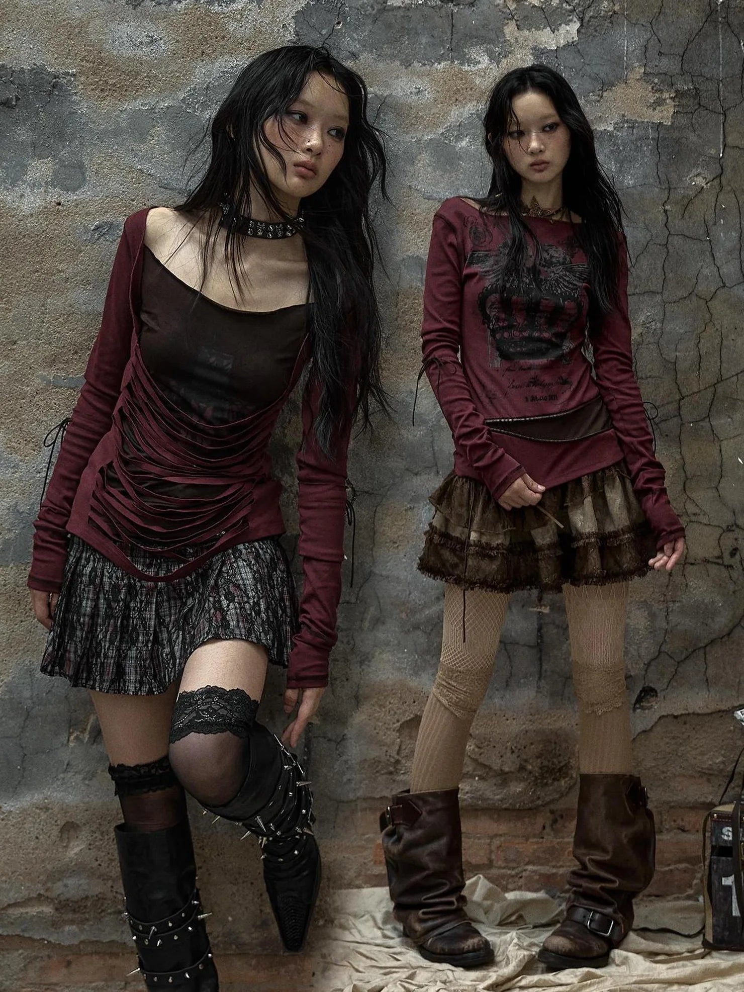 NO ROMANCE Soft Cotton Blend Long Sleeve Cross Print Fake Layered Drawstring Women T-Shirt