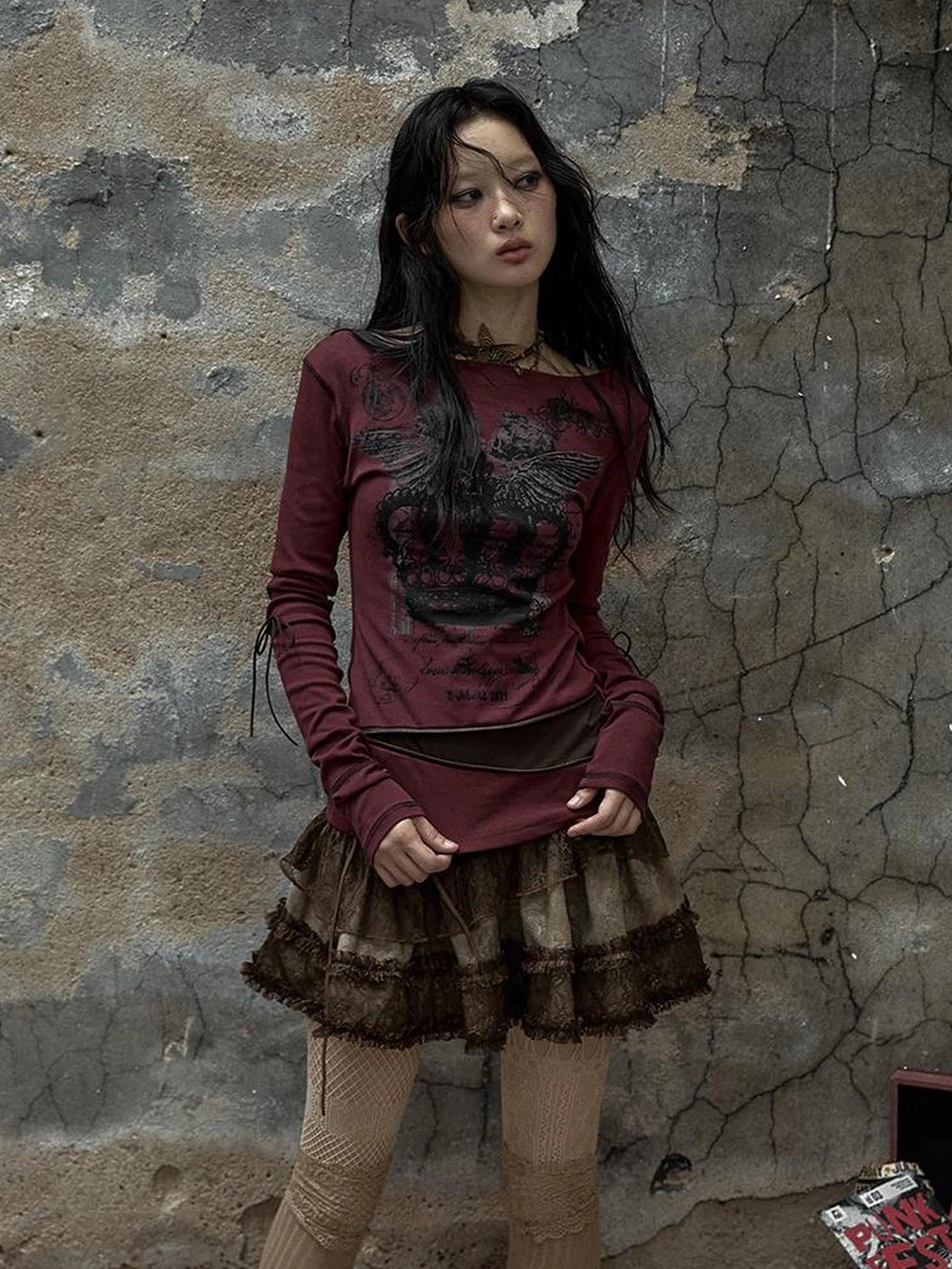 NO ROMANCE Soft Cotton Blend Long Sleeve Cross Print Fake Layered Drawstring Women T-Shirt