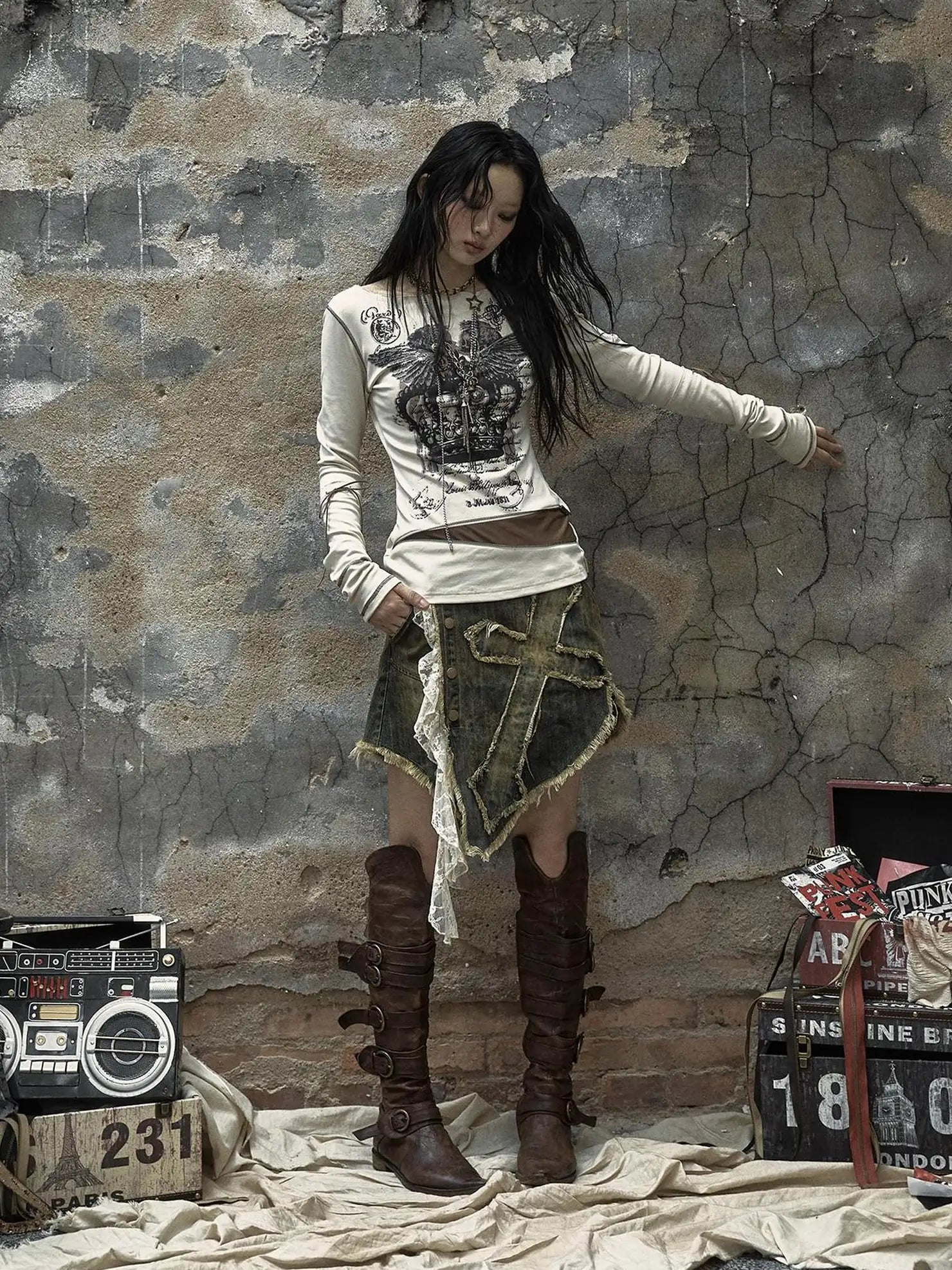 NO ROMANCE Soft Cotton Blend Long Sleeve Cross Print Fake Layered Drawstring Women T-Shirt