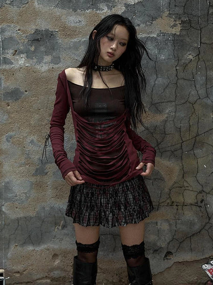 NO ROMANCE Soft Cotton Blend Long Sleeve Cross Print Fake Layered Drawstring Women T-Shirt