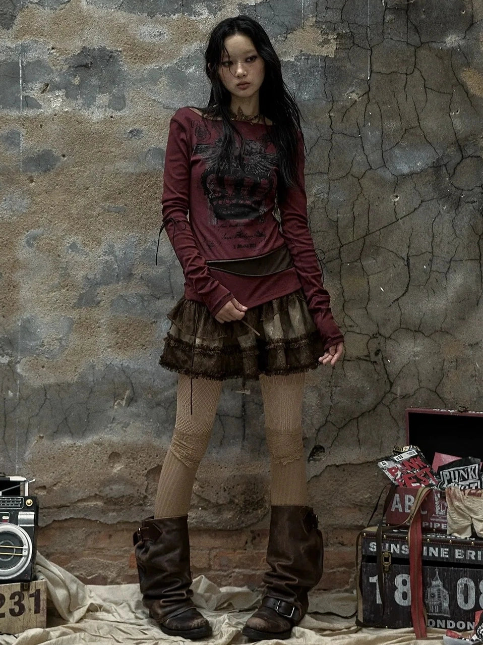 NO ROMANCE Soft Cotton Blend Long Sleeve Cross Print Fake Layered Drawstring Women T-Shirt