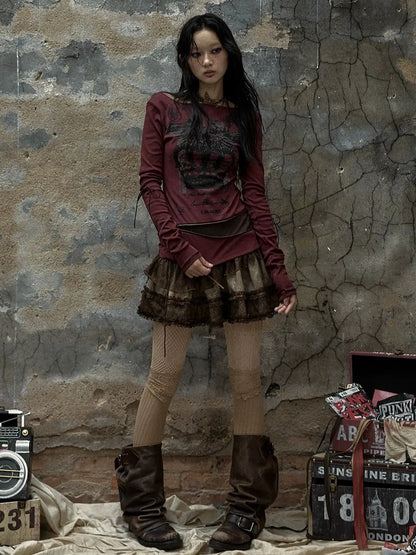 NO ROMANCE Soft Cotton Blend Long Sleeve Cross Print Fake Layered Drawstring Women T-Shirt