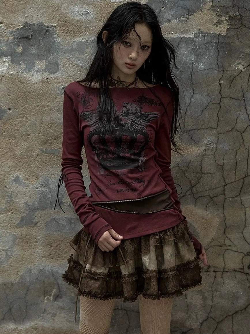 NO ROMANCE Soft Cotton Blend Long Sleeve Cross Print Fake Layered Drawstring Women T-Shirt