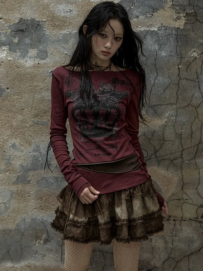 NO ROMANCE Soft Cotton Blend Long Sleeve Cross Print Fake Layered Drawstring Women T-Shirt