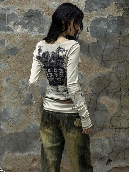 NO ROMANCE Soft Cotton Blend Long Sleeve Cross Print Fake Layered Drawstring Women T-Shirt