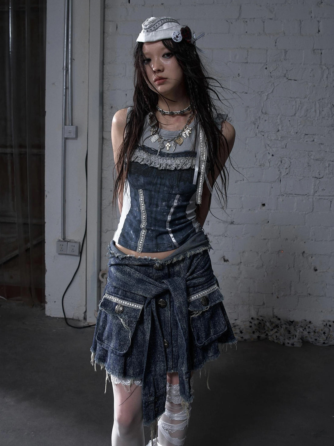 NO ROMANCE Soft Cotton Blend Low Waist Pleated Relaxed Fit Women Casual Heather Blue Skirt