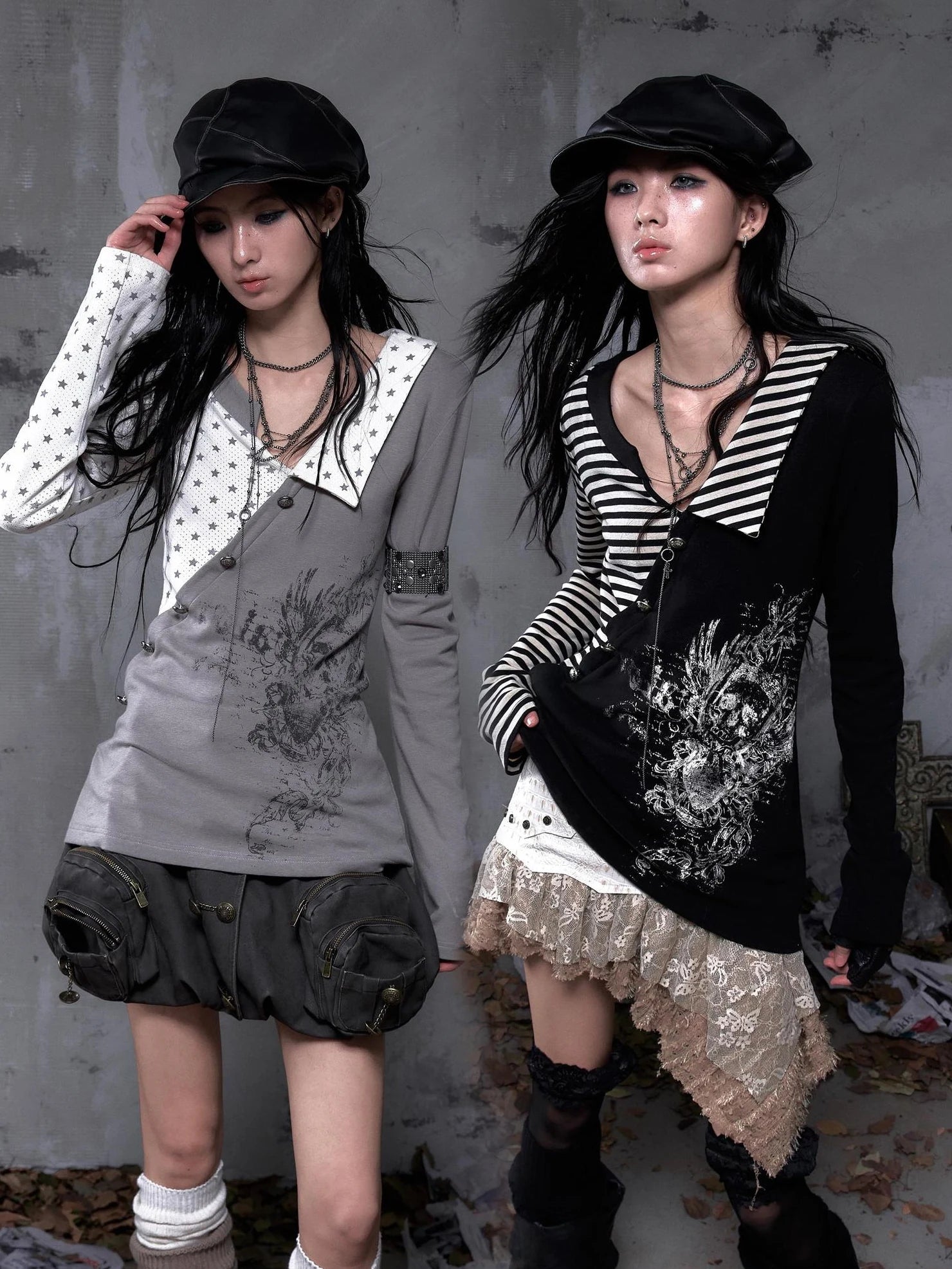 NO ROMANCE Soft Knit Long Sleeve Collared Striped Star Print Women Black Beige Gray T-Shirt