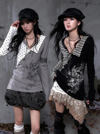 NO ROMANCE Soft Knit Long Sleeve Collared Striped Star Print Women Black Beige Gray T-Shirt