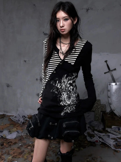 NO ROMANCE Soft Knit Long Sleeve Collared Striped Star Print Women Black Beige Gray T-Shirt