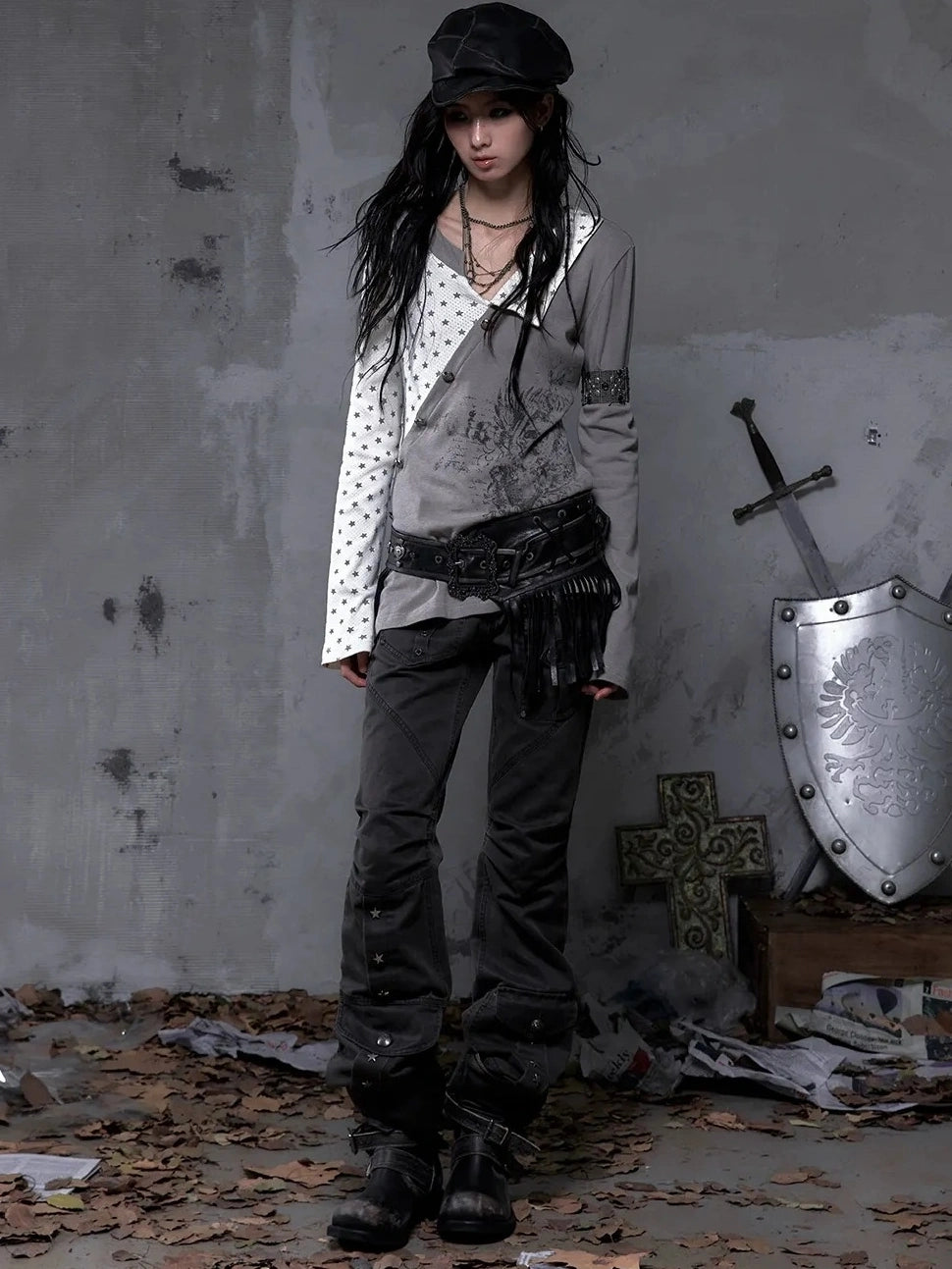 NO ROMANCE Soft Knit Long Sleeve Collared Striped Star Print Women Black Beige Gray T-Shirt