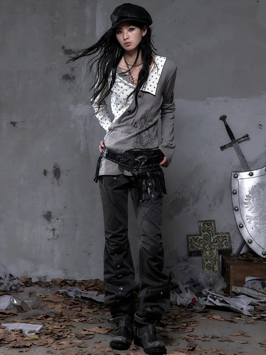 NO ROMANCE Soft Knit Long Sleeve Collared Striped Star Print Women Black Beige Gray T-Shirt