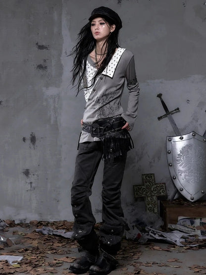 NO ROMANCE Soft Knit Long Sleeve Collared Striped Star Print Women Black Beige Gray T-Shirt