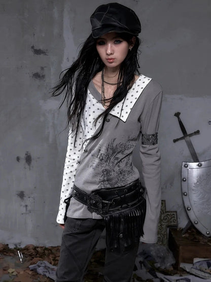 NO ROMANCE Soft Knit Long Sleeve Collared Striped Star Print Women Black Beige Gray T-Shirt