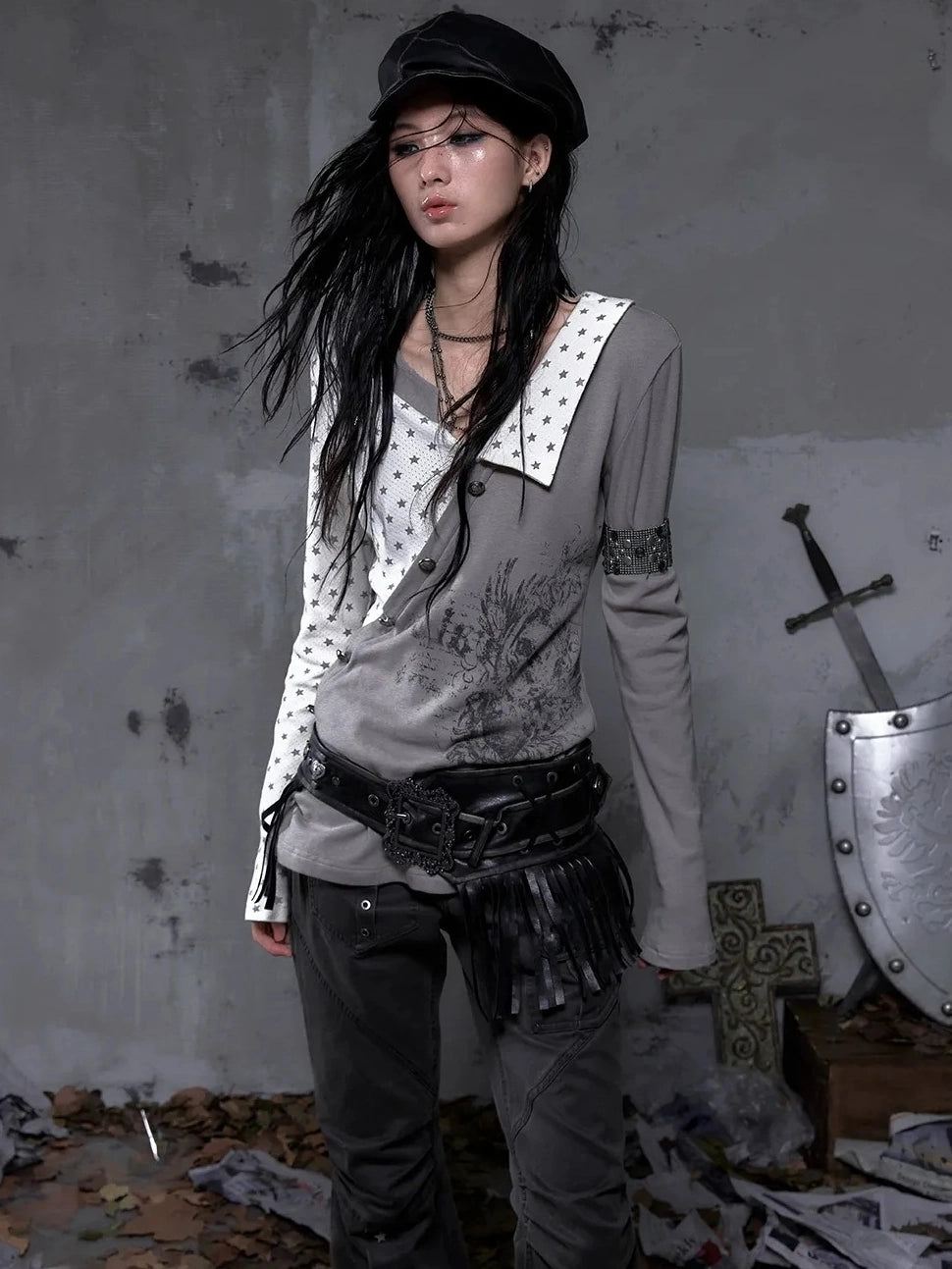 NO ROMANCE Soft Knit Long Sleeve Collared Striped Star Print Women Black Beige Gray T-Shirt