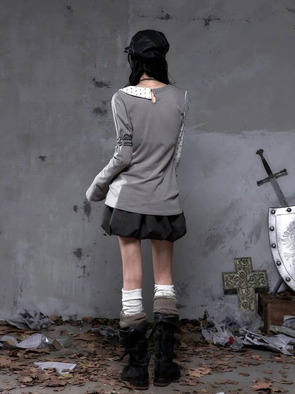 NO ROMANCE Soft Knit Long Sleeve Collared Striped Star Print Women Black Beige Gray T-Shirt