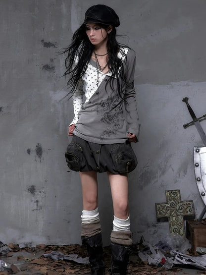 NO ROMANCE Soft Knit Long Sleeve Collared Striped Star Print Women Black Beige Gray T-Shirt