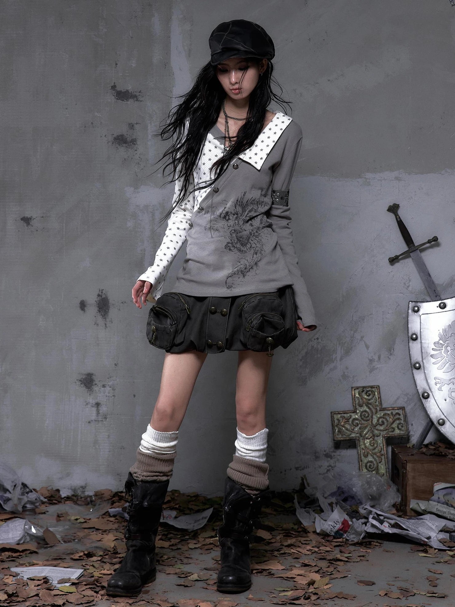 NO ROMANCE Soft Knit Long Sleeve Collared Striped Star Print Women Black Beige Gray T-Shirt