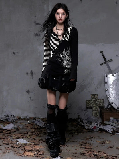 NO ROMANCE Soft Knit Long Sleeve Collared Striped Star Print Women Black Beige Gray T-Shirt