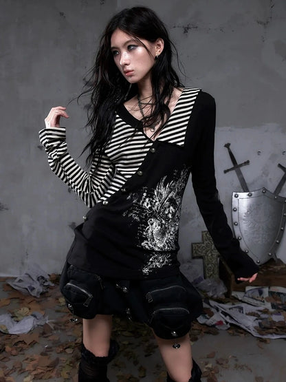 NO ROMANCE Soft Knit Long Sleeve Collared Striped Star Print Women Black Beige Gray T-Shirt