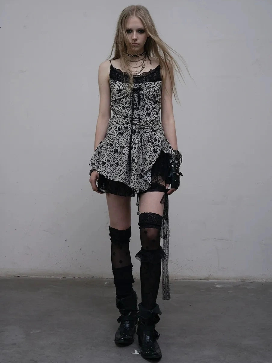 NO ROMANCE Soft Lightweight Lace Sleeveless Slip Leopard Heart Print Vintage Dresses