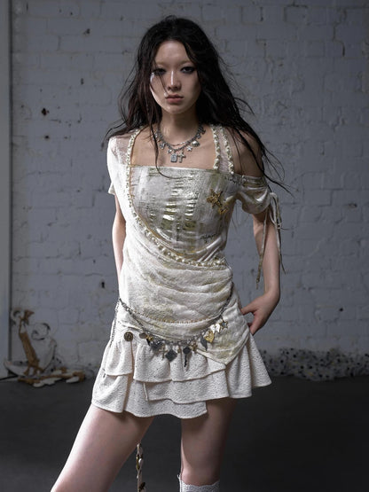 NO ROMANCE Soft Polycotton Loose Fit Asymmetric Neck Short Sleeve Women Beige T-Shirt