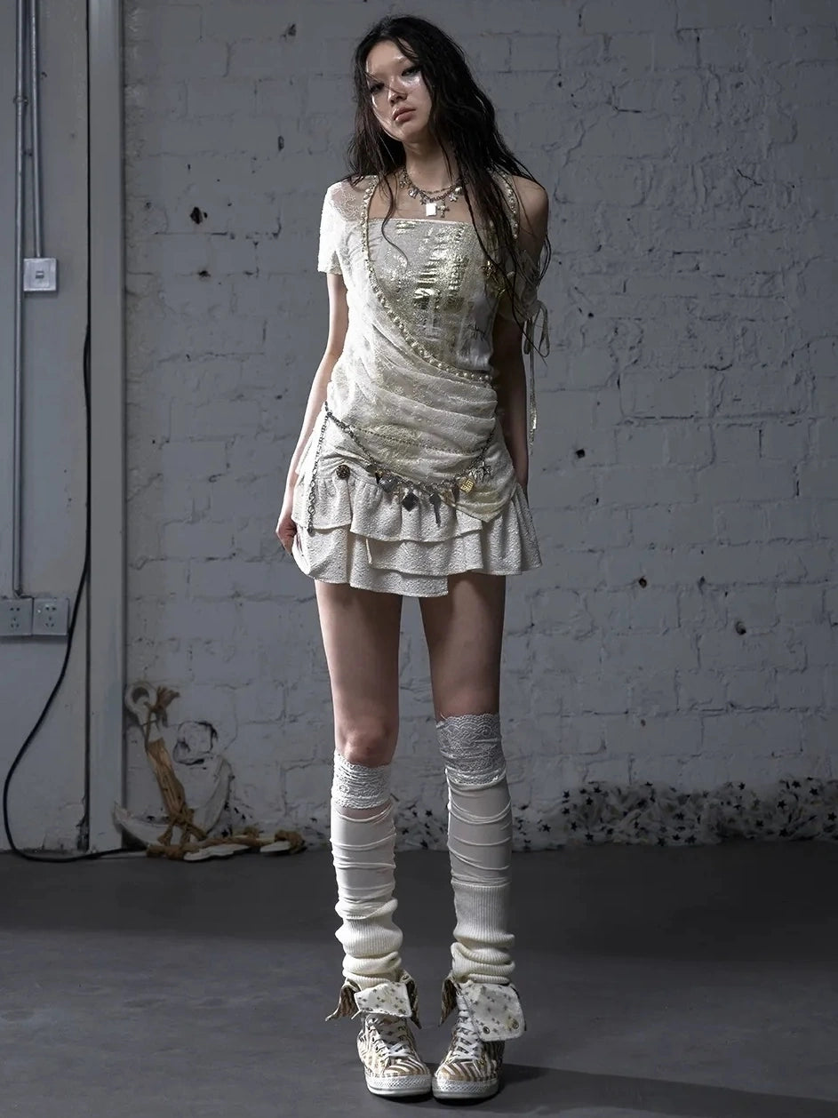 NO ROMANCE Soft Polycotton Loose Fit Asymmetric Neck Short Sleeve Women Beige T-Shirt