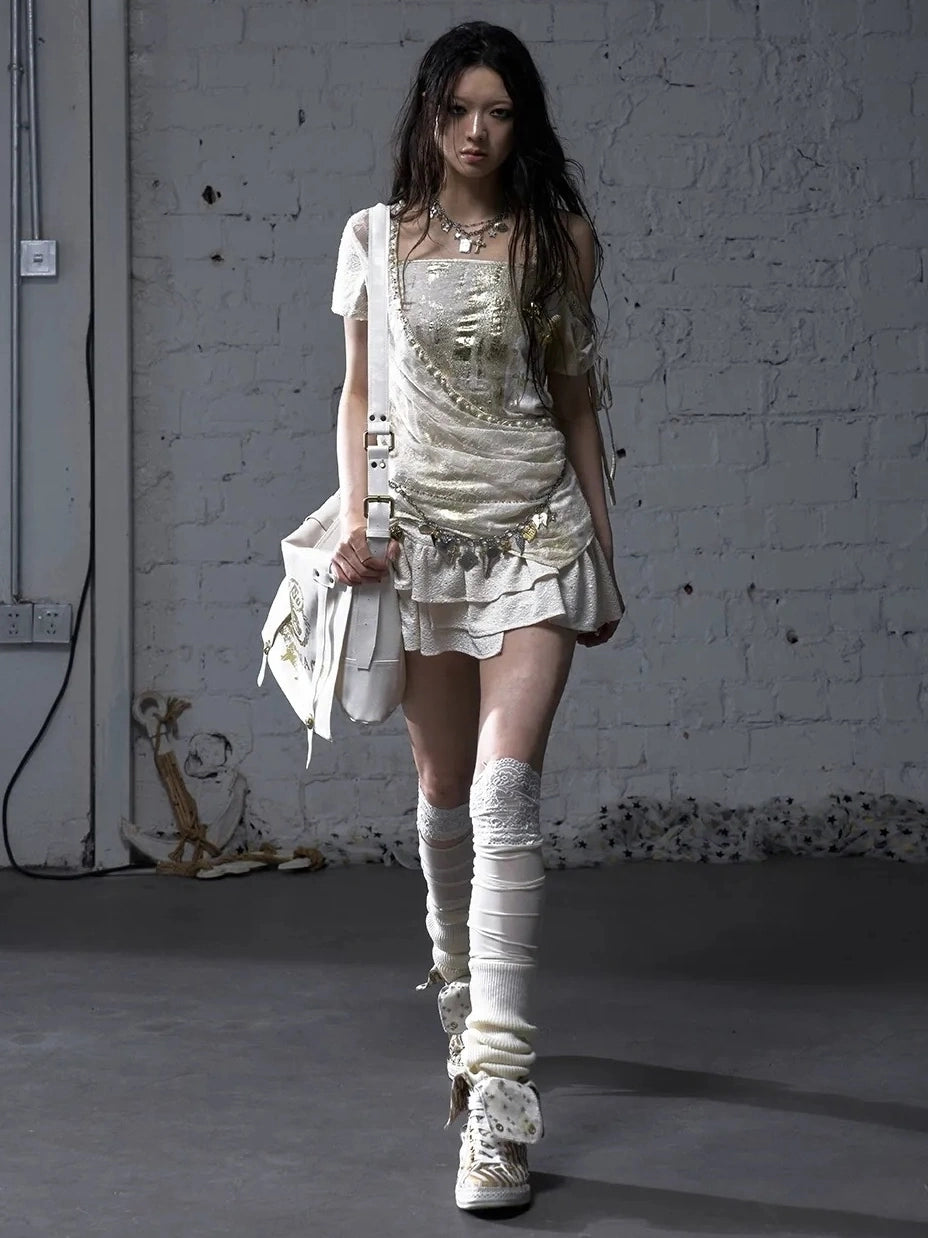 NO ROMANCE Soft Polycotton Loose Fit Asymmetric Neck Short Sleeve Women Beige T-Shirt