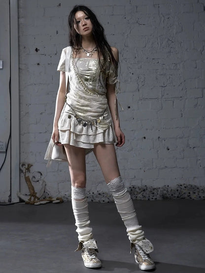 NO ROMANCE Soft Polycotton Loose Fit Asymmetric Neck Short Sleeve Women Beige T-Shirt