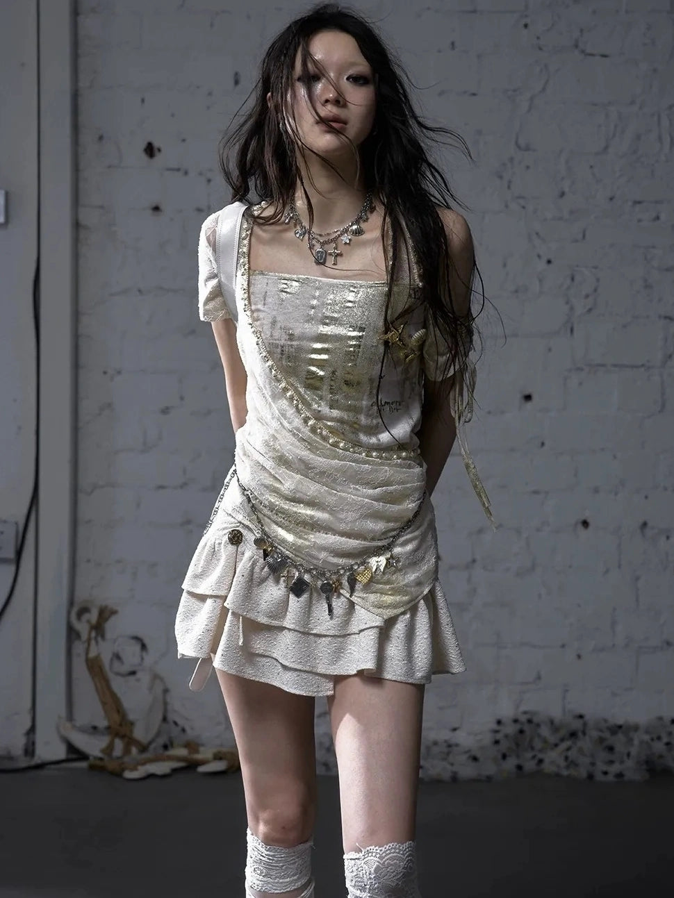 NO ROMANCE Soft Polycotton Loose Fit Asymmetric Neck Short Sleeve Women Beige T-Shirt