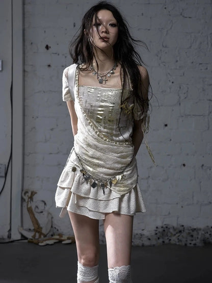 NO ROMANCE Soft Polycotton Loose Fit Asymmetric Neck Short Sleeve Women Beige T-Shirt