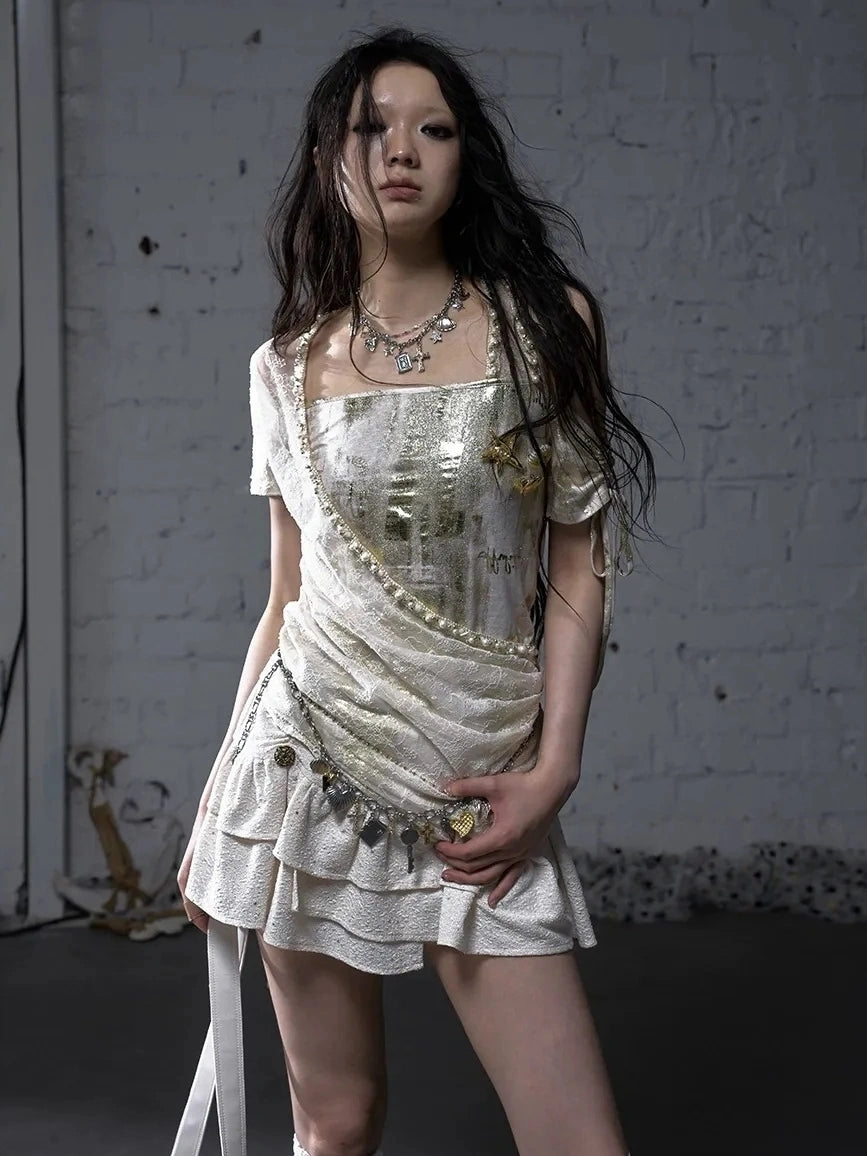 NO ROMANCE Soft Polycotton Loose Fit Asymmetric Neck Short Sleeve Women Beige T-Shirt