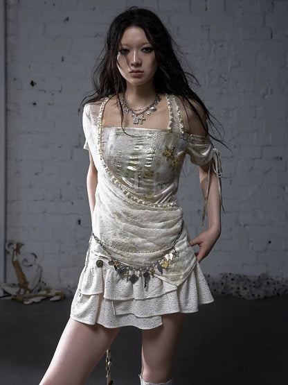 NO ROMANCE Soft Polycotton Loose Fit Asymmetric Neck Short Sleeve Women Beige T-Shirt