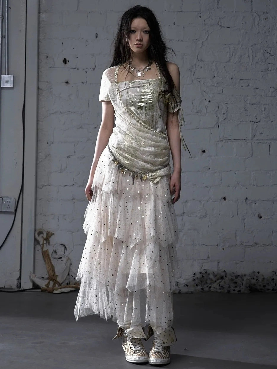 NO ROMANCE Soft Polycotton Loose Fit Asymmetric Neck Short Sleeve Women Beige T-Shirt