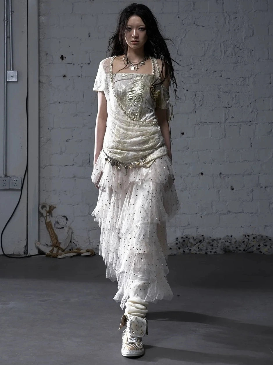 NO ROMANCE Soft Polycotton Loose Fit Asymmetric Neck Short Sleeve Women Beige T-Shirt