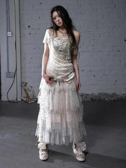 NO ROMANCE Soft Polycotton Loose Fit Asymmetric Neck Short Sleeve Women Beige T-Shirt