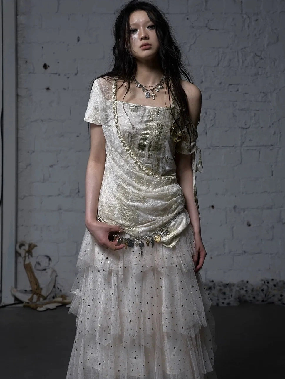 NO ROMANCE Soft Polycotton Loose Fit Asymmetric Neck Short Sleeve Women Beige T-Shirt