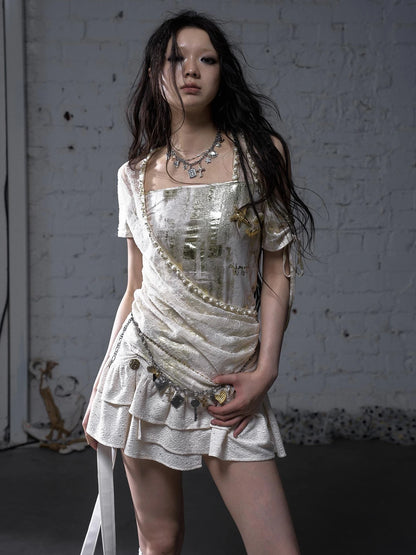 NO ROMANCE Soft Polycotton Loose Fit Asymmetric Neck Short Sleeve Women Beige T-Shirt