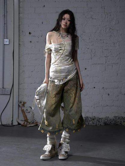 NO ROMANCE Soft Polycotton Loose Fit Asymmetric Neck Short Sleeve Women Beige T-Shirt