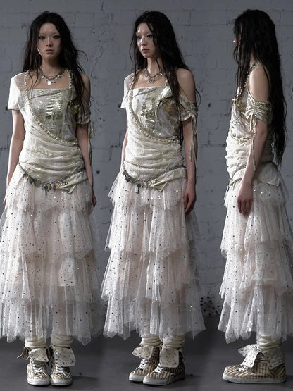 NO ROMANCE Soft Polycotton Loose Fit Asymmetric Neck Short Sleeve Women Beige T-Shirt