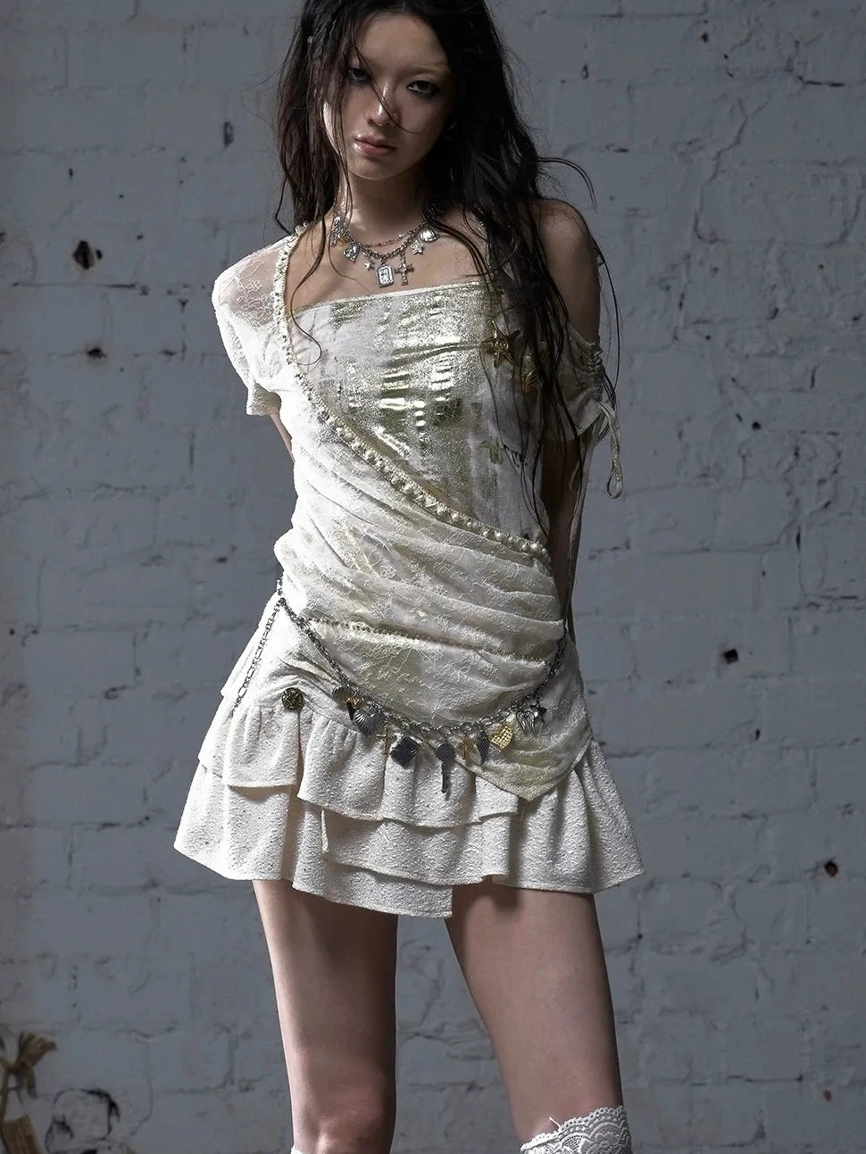 NO ROMANCE Soft Polycotton Loose Fit Asymmetric Neck Short Sleeve Women Beige T-Shirt