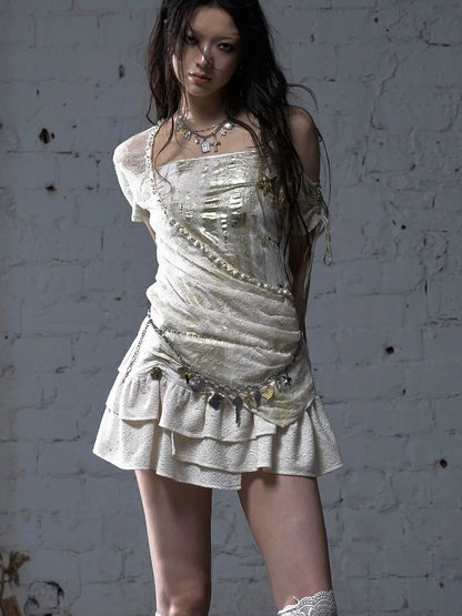 NO ROMANCE Soft Polycotton Loose Fit Asymmetric Neck Short Sleeve Women Beige T-Shirt