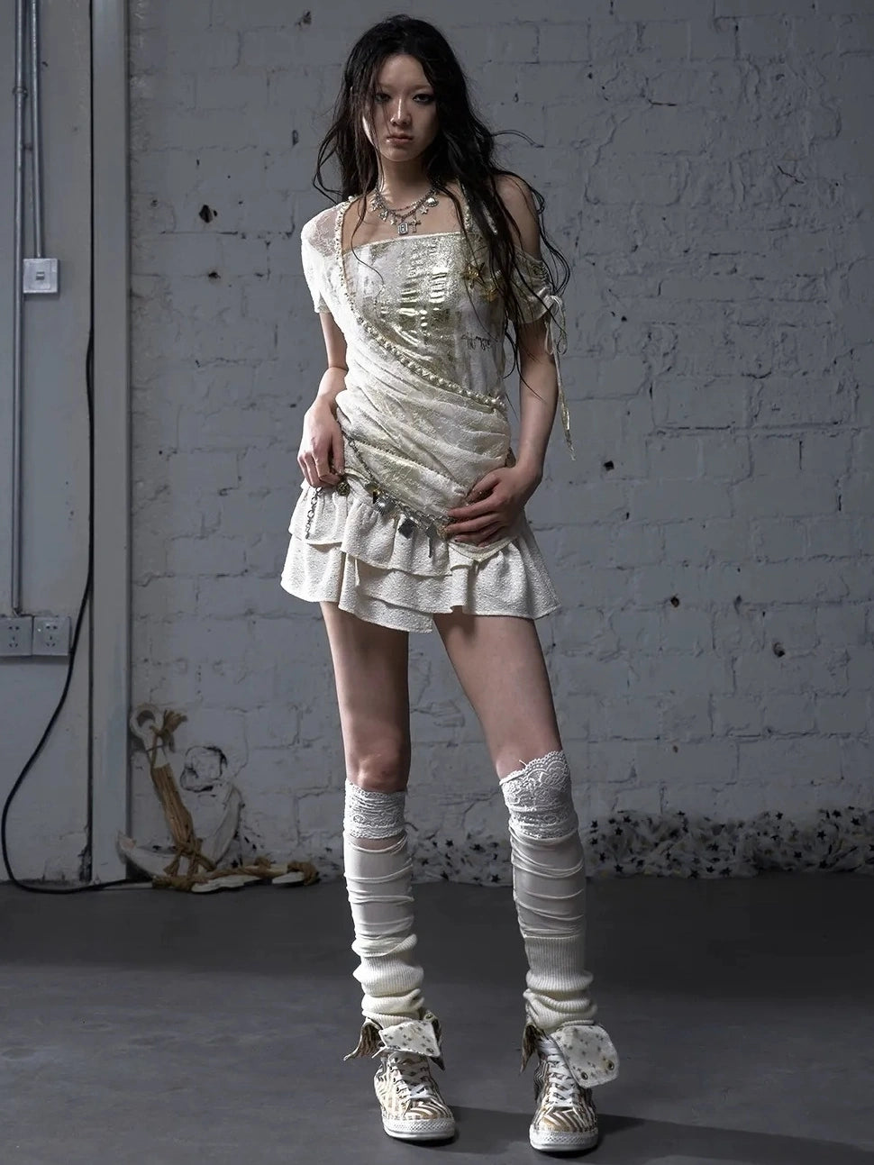 NO ROMANCE Soft Polycotton Loose Fit Asymmetric Neck Short Sleeve Women Beige T-Shirt