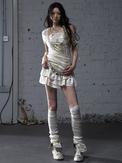 NO ROMANCE Soft Polycotton Loose Fit Asymmetric Neck Short Sleeve Women Beige T-Shirt