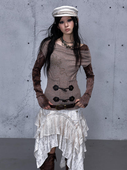 NO ROMANCE Soft Vintage Patchwork Faux Layered Knit Long Sleeve Women Coffee Brown T-Shirt