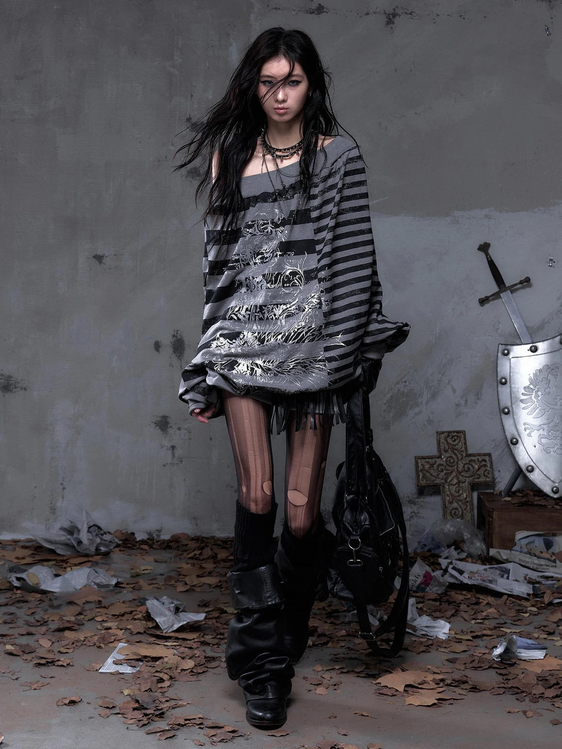 NO ROMANCE Soft Viscose Blend Loose Fit Long Sleeve Printed Black Gray Women Casual Dresses